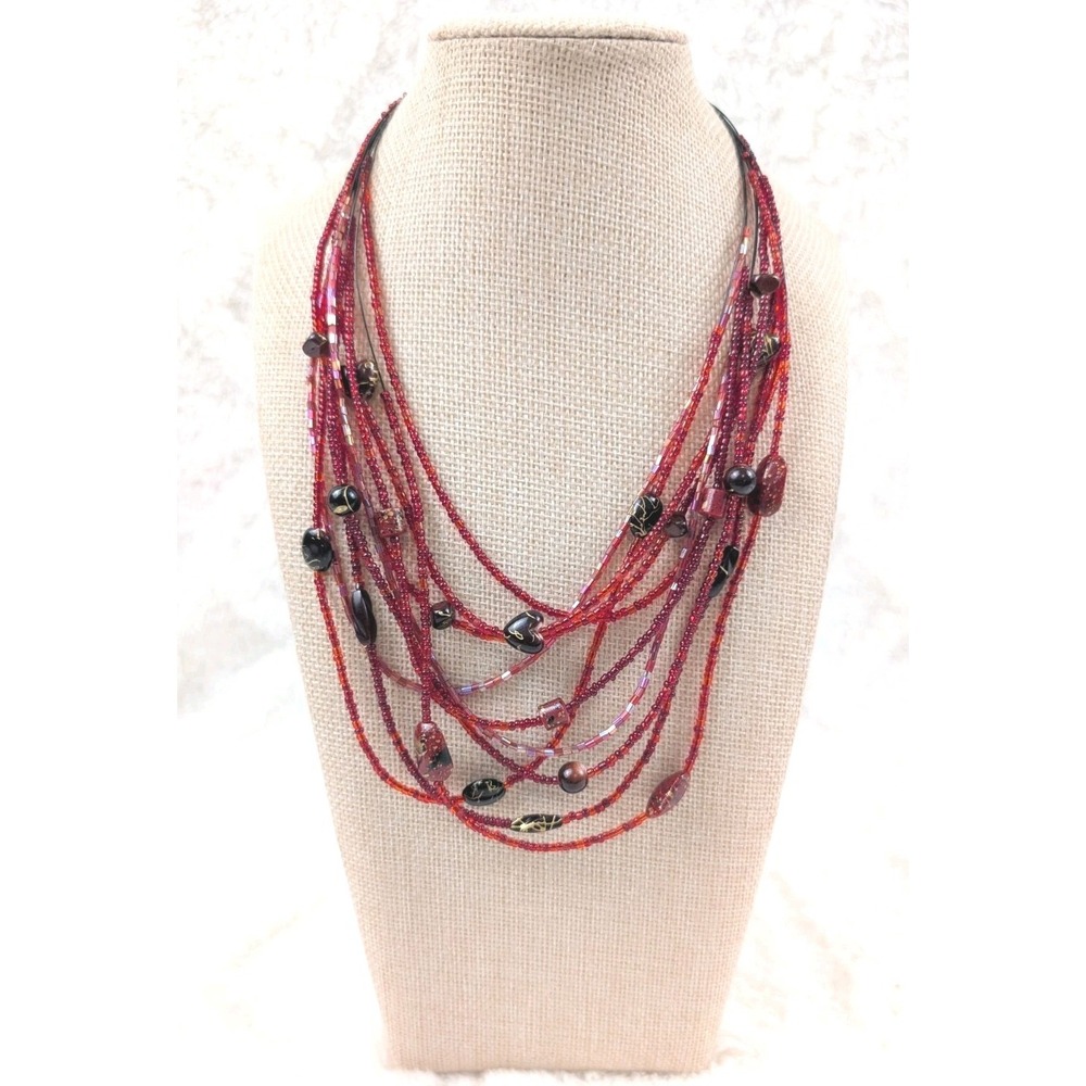 Red Multi Strand Seed Bead Necklace Black Glass Beads Statement Boho Jewelry
